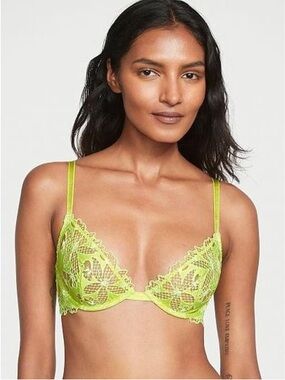 Victoria's Secret (34C) LUXE Unlined Floral Embroidered Demi Bra Limelight